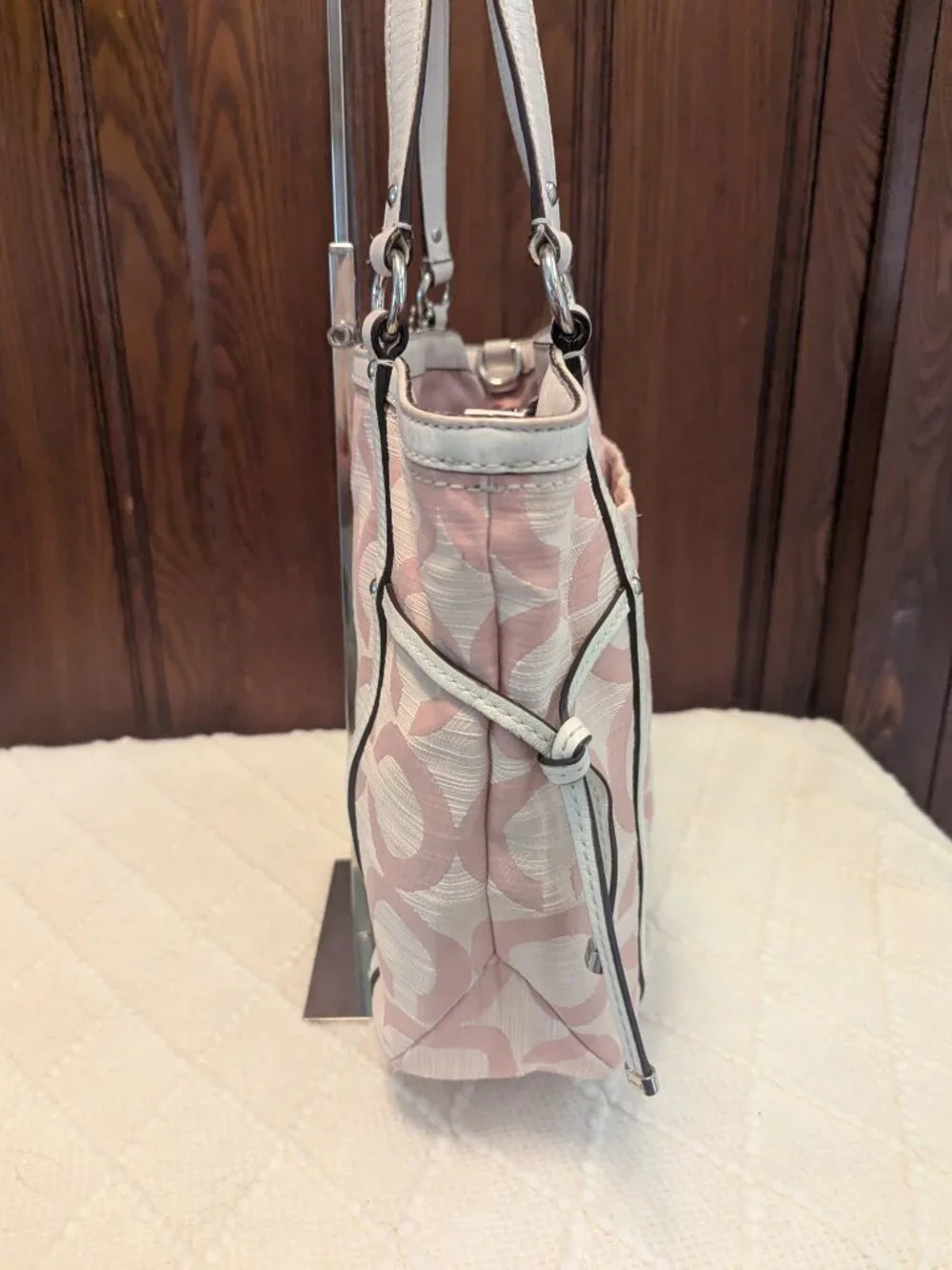 Coach Audrey Op Art Shantung Signature Pink & White Tote Crossbody 19572